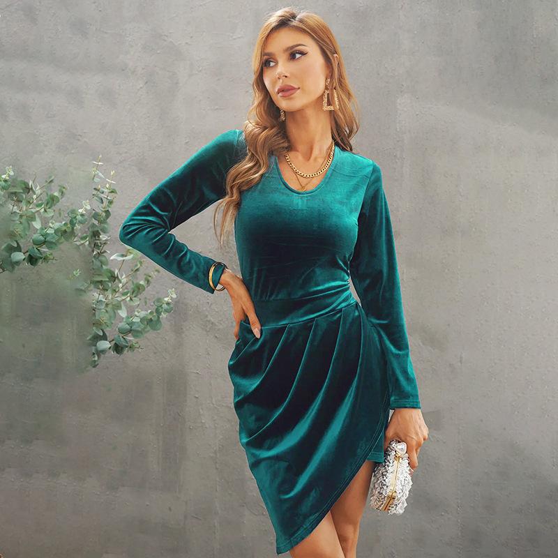 

2025 New Autumn Winter Velvet Bodycon Dress, Women s Long Sleeve Round Neck Waist Cinching Mini Dress, Fashion Casual & Party Velvet Short Dress XL зелёный