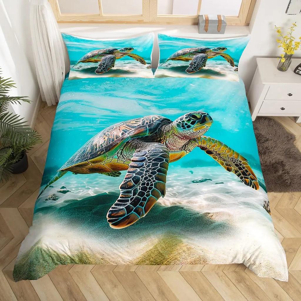 Turtle Bedding Set Nautical Coastal Duvet Cover White Blue Sea Comforter Cover Reptile Tortoise Animal Polyester Quilt Cover