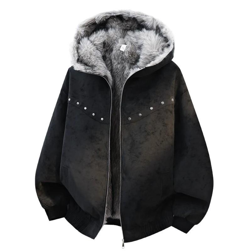 Mens Hooded PU Leather Cotton Jacket Rivet Decor Winter Warm Loose Coat
