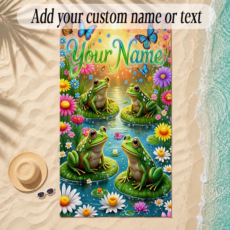 Frog Theme Soft Beach Towel Personalized Custom Name Text Towel Portable for Beach Pool Travel