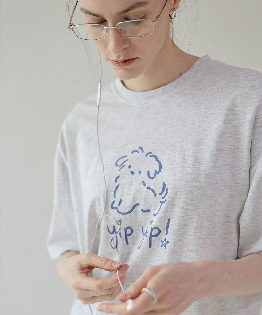 Keullaepeu Puppy Round Short Sleeve T-Shirt_White Melange