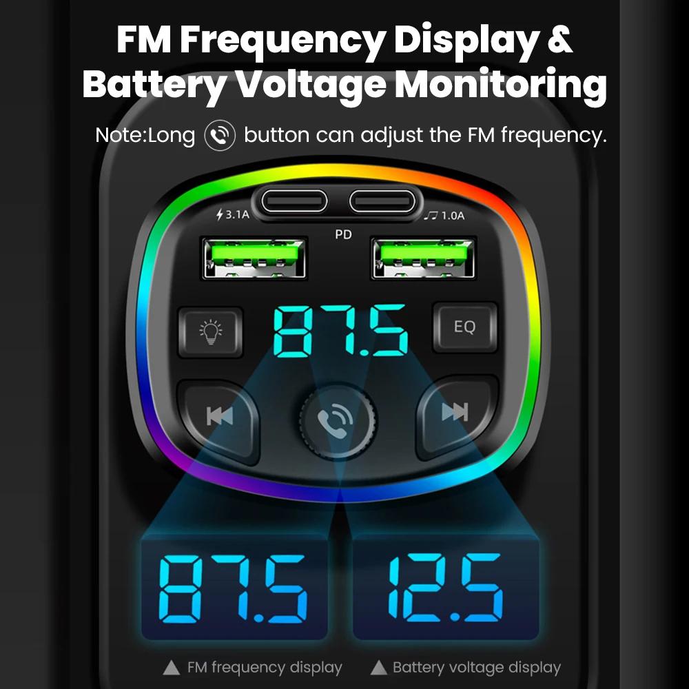 Rainbow Light Car Charger 4 Ports with Bluetooth FM Transmitter LED Voltage Display