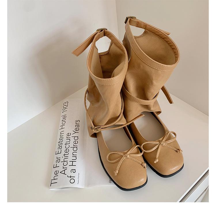 Lambskin heightening 5cm Maillard boots design sense round head bow cool boots ballet single shoes knight boots