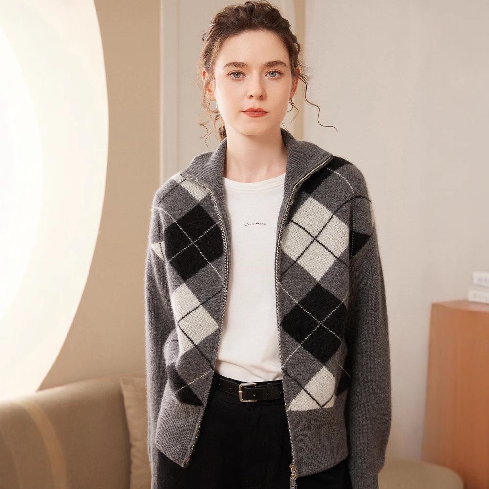Women's Long Casual Cashmere Knit Cardigan - Diamond Zipper, Versatile, Warm, Comfortable, Soft, Loose, Thick Coat