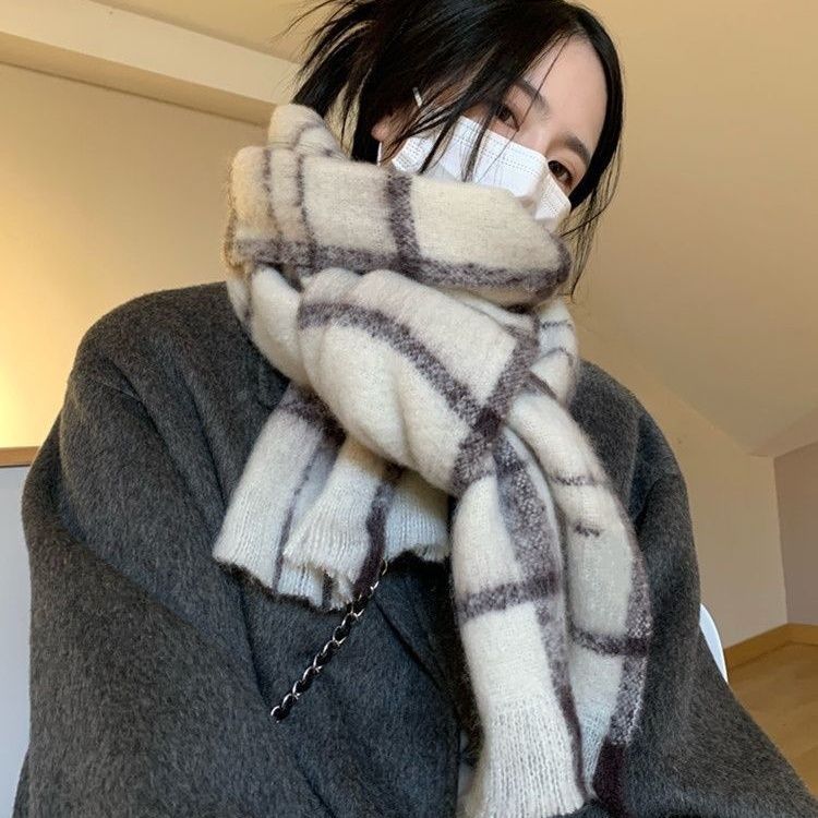 New Winter Scarf for Women Beige High End Versatile Korean Style Tassel Scarf Warm Atmosphere Thickened Shawl Trendy