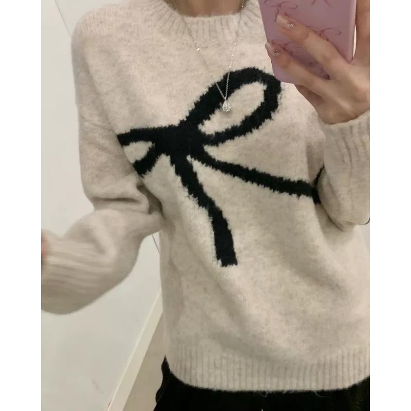 Elegant Korean O-neck Bow Tie Pattern Sweet Pullover Sweater Autumn Women Long Sleeve Casual Knitted Top Loose Fashion Winter Simple Knitwear