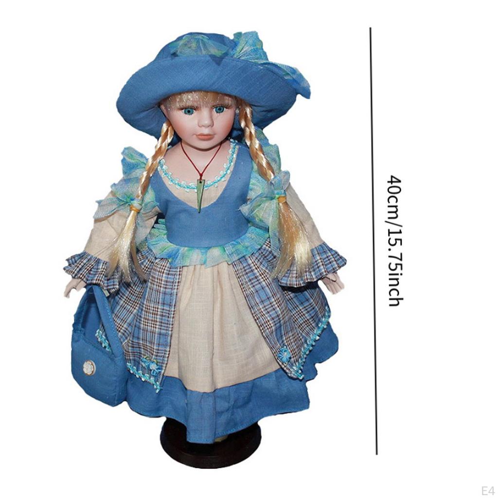 15.75'' Porcelain Doll Ceramic Beautiful with Hat and Hair Decorative for Ornament