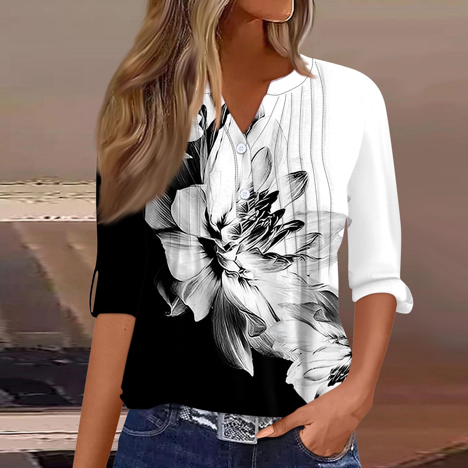 

Жіноча модна повсякденна футболка з V-подібним вирізом і довгими рукавами на гудзиках XL білий