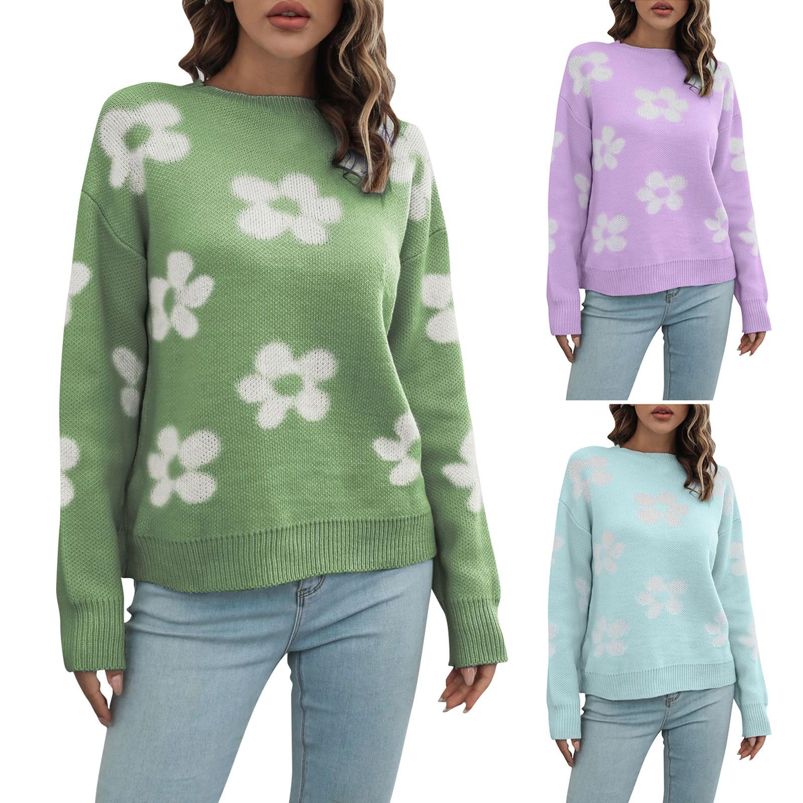 

Женский свитер с круглым вырезом и цветочным принтом, свободный вязаный свитер с длинными рукавами и ромашкой