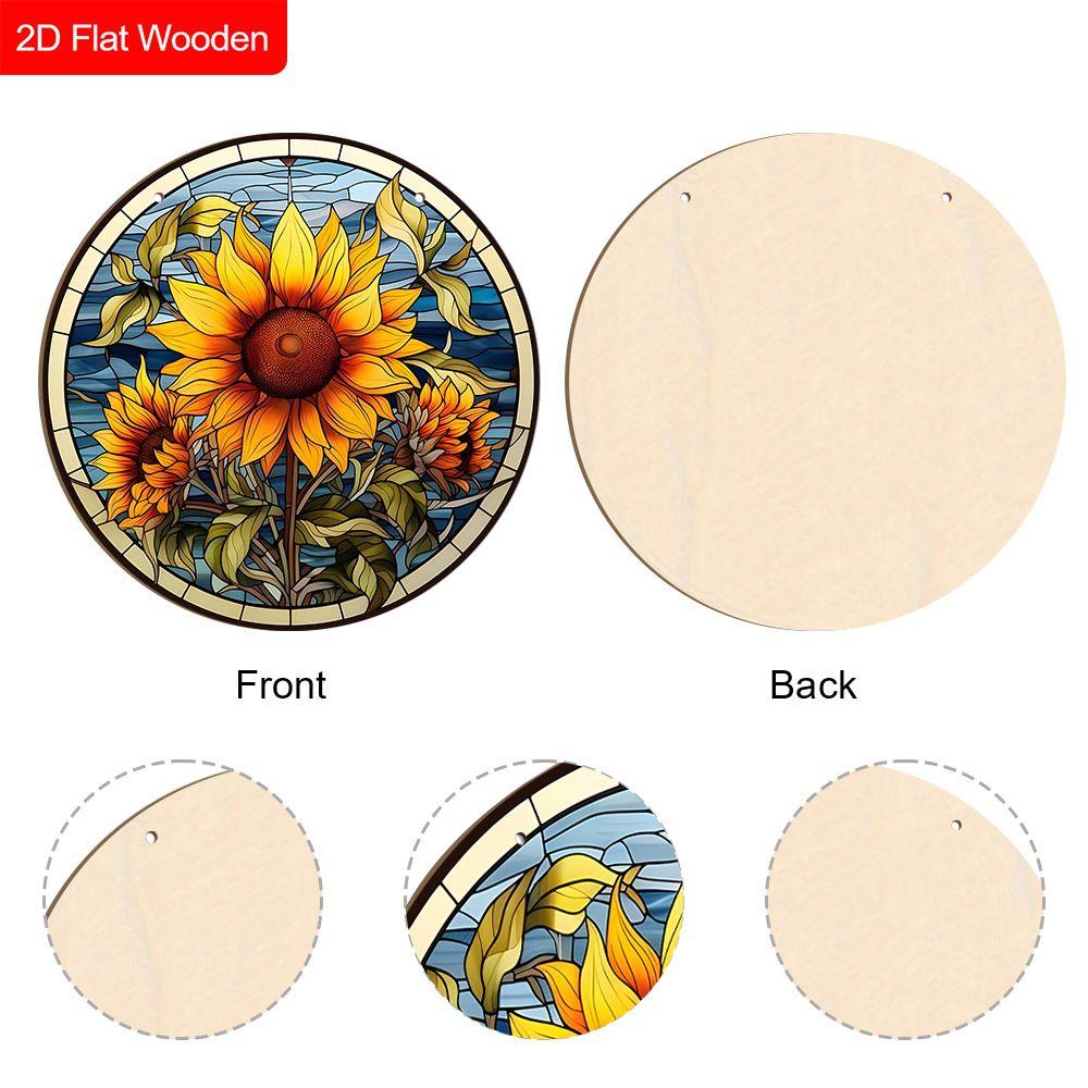 Zonnebloem Ronde Houten Hangend Bord in Glas-in-Lood Stijl, 2D Platte Gedrukte Bloemen Deur Decoratie, Botanisch Muur Ornament Cadeau