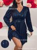 Plus Size Elegant Sequin V-neck Evening Gown with Long Sleeves – Perfect for Spring and Autumn Parties