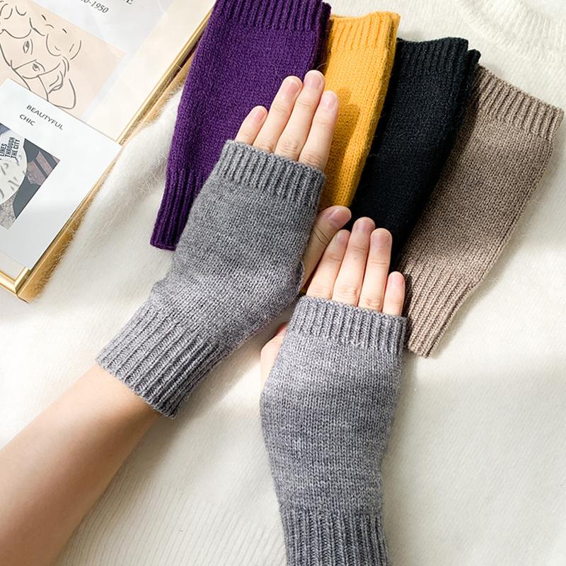1Pair Warm Gloves Soft Acrylic Fiber Long Solid Color Winter Fingerless Warmer Mittens Women