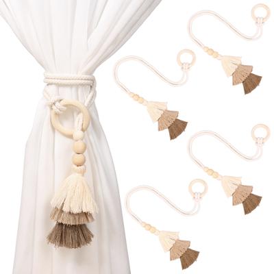 4Pcs Fringed Curtain Tiebacks Handmade Wooden Ring Curtain Tie Back Boho Drapery Curtain Holdbacks for Home Bedroom Window Decor