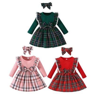 Batoľatá Baby Dievčenské šaty s dlhým rukávom po kolená s mašľou Zimné vianočné šaty s čelenkou