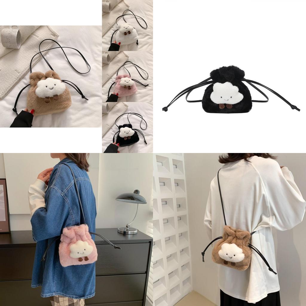 Adorable Plush Bucket Bag For Women Stylish Soft Pu Crossbody Purse In Black White Pink Khaki