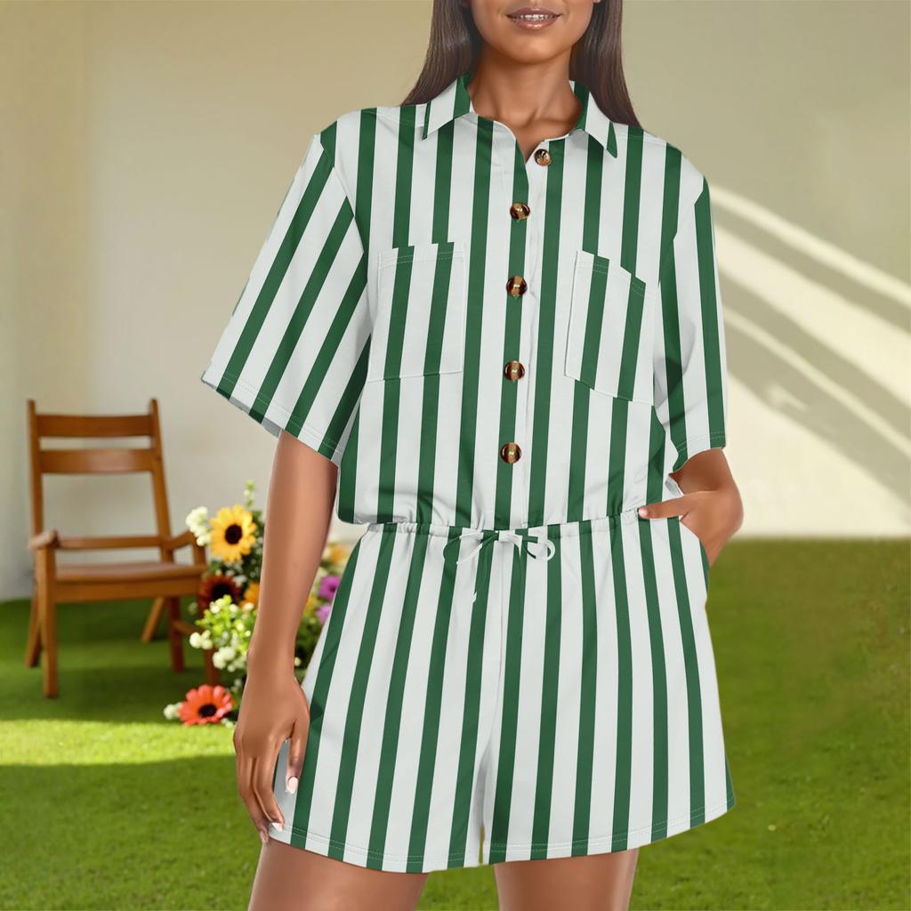 Women's Fashion V-neck Jumpsuit Plaid Casual Short Sleeve Top Jumpsuit