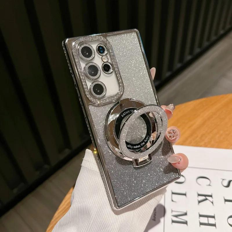 Luxury Magnetic Plating Stand Shockproof  Case For Samsung Galaxy S25 S24 S23 S22 Ultra Plus S24 FE Glitter Diamond BacK Cover