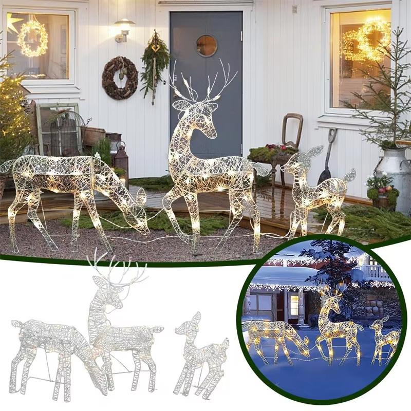 3Pcs Iron Art Elk Deer Christmas Garden Decoration With LED Light Glowing Glitter Reindeer Xmas Home Outdoor Yard Ornament