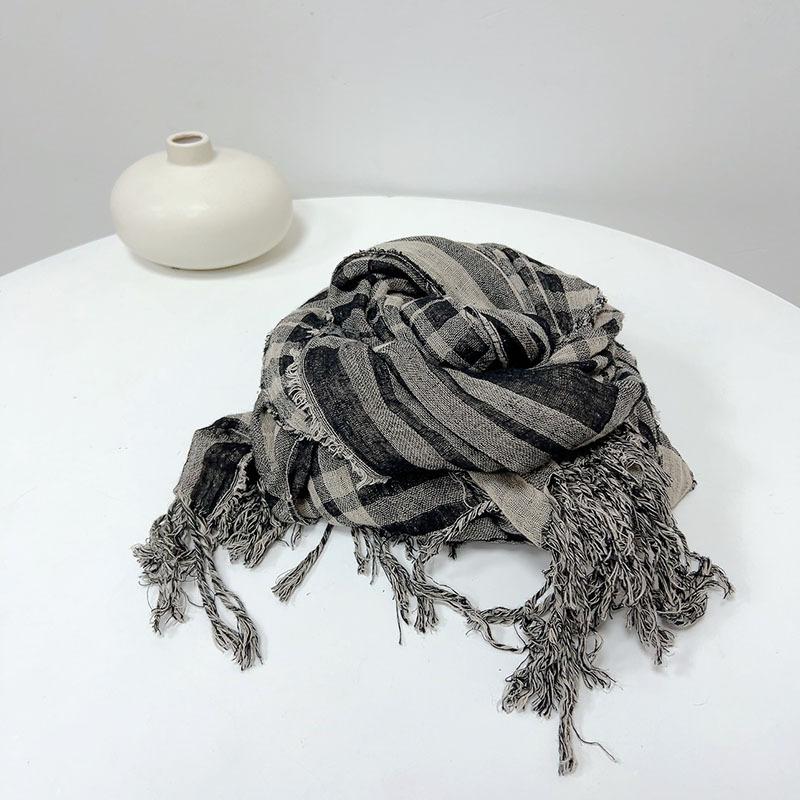 Écharpe Rétro Double Couche en Coton et Lin à Carreaux Littéraire et Polyvalente Douce Protection du Cou Écharpe en Soie Châle de Voyage pour Femmes Chaleur