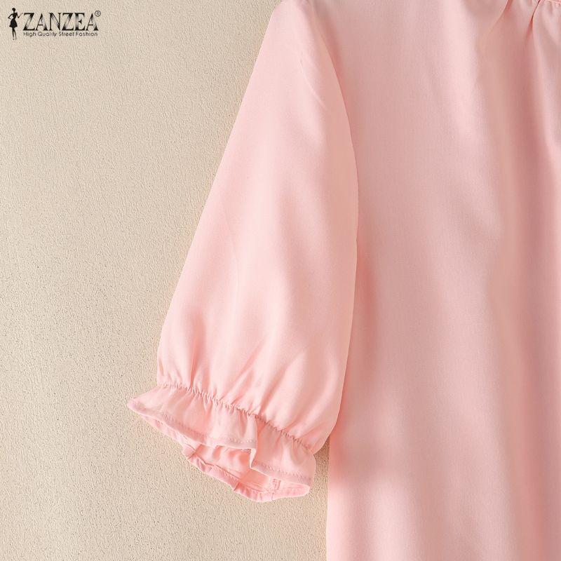 ZANZEA Women Daily Casual Round Neck Lace Crochet Splice Hem Loose Short Sleeve Dress