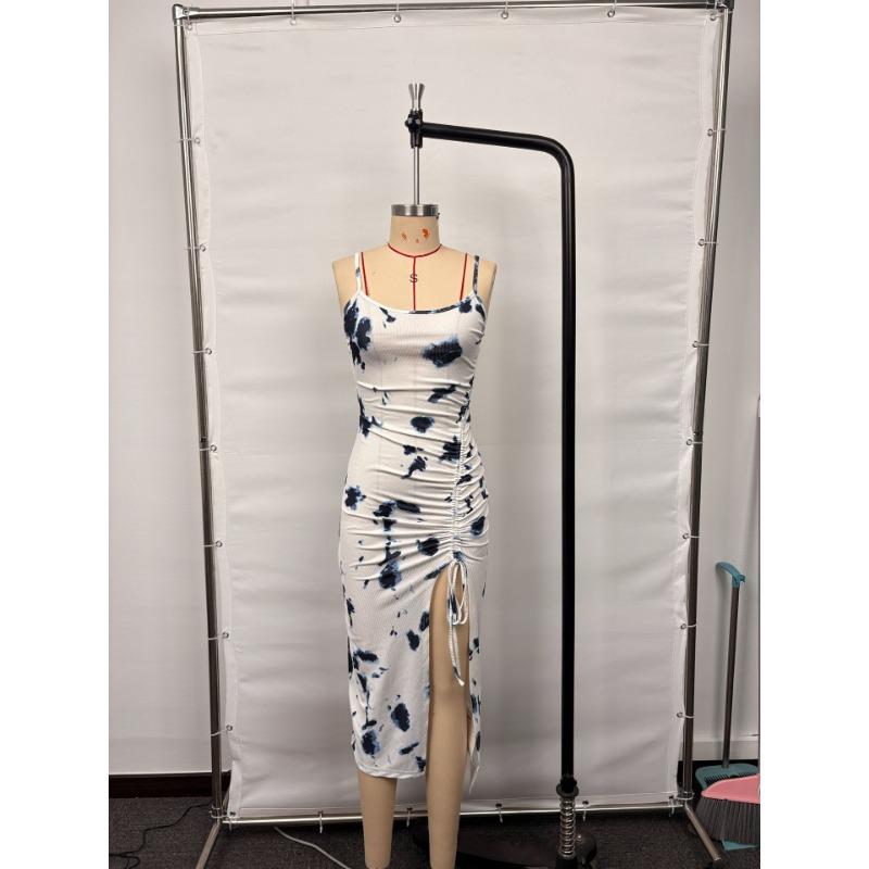 Women Tie Dye Bodycon Dress Spaghetti Strap Drawstring Side Split Casual Vacation Wear