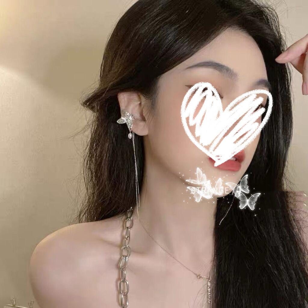 Pearl butterfly tassel long ear clips without earrings, female summer fairy Mori earbone clips, earrings tide