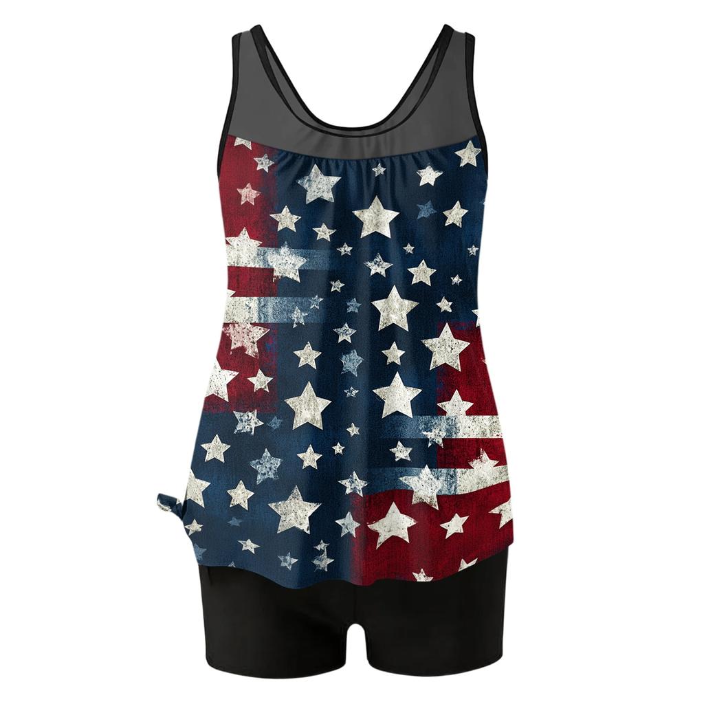 Women’s Tankini Swimsuit Set with Star and Stripe Print Sleeveless Top and Solid Swim Shorts for Beach Pool Wear
