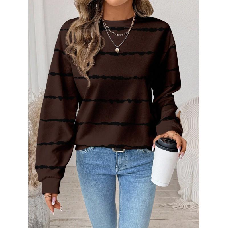 Womens Casual Striped Print Hoodie-Free Sweatshirt Loose Fit Round Neck Long Sleeve Top 2025