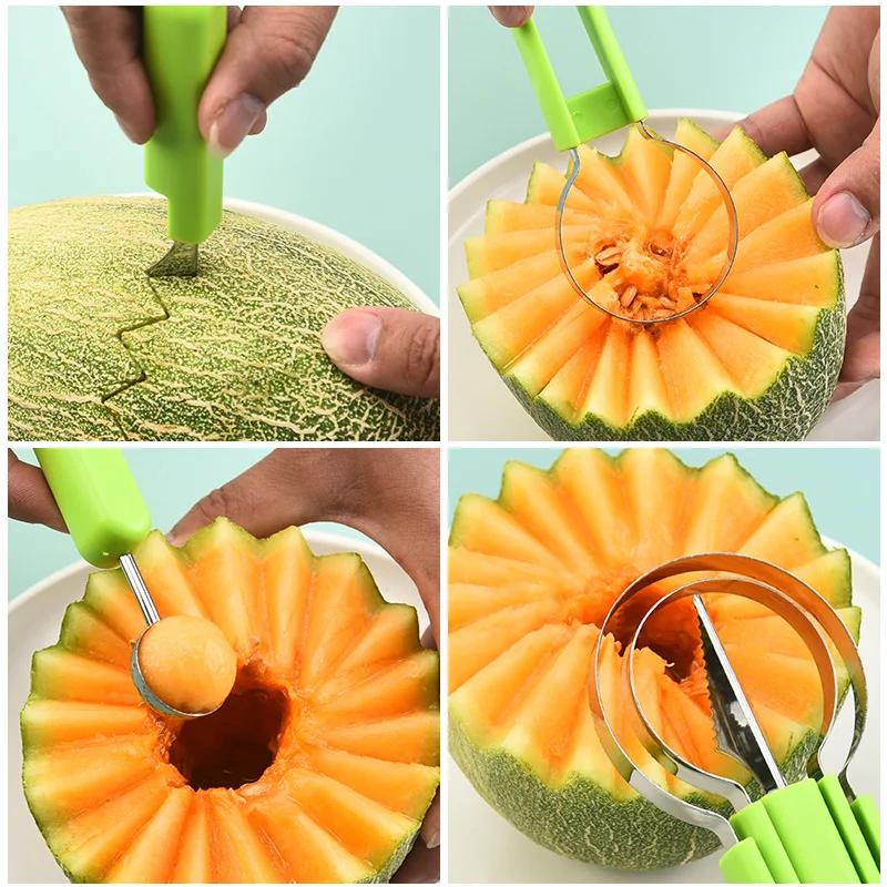 3 In 1 Fruit Cutter Scoop Watermelon Slicer Cutter Carving Knife Fruit Dig Pulp Separator Fruit Platter Kitchen Gadgets