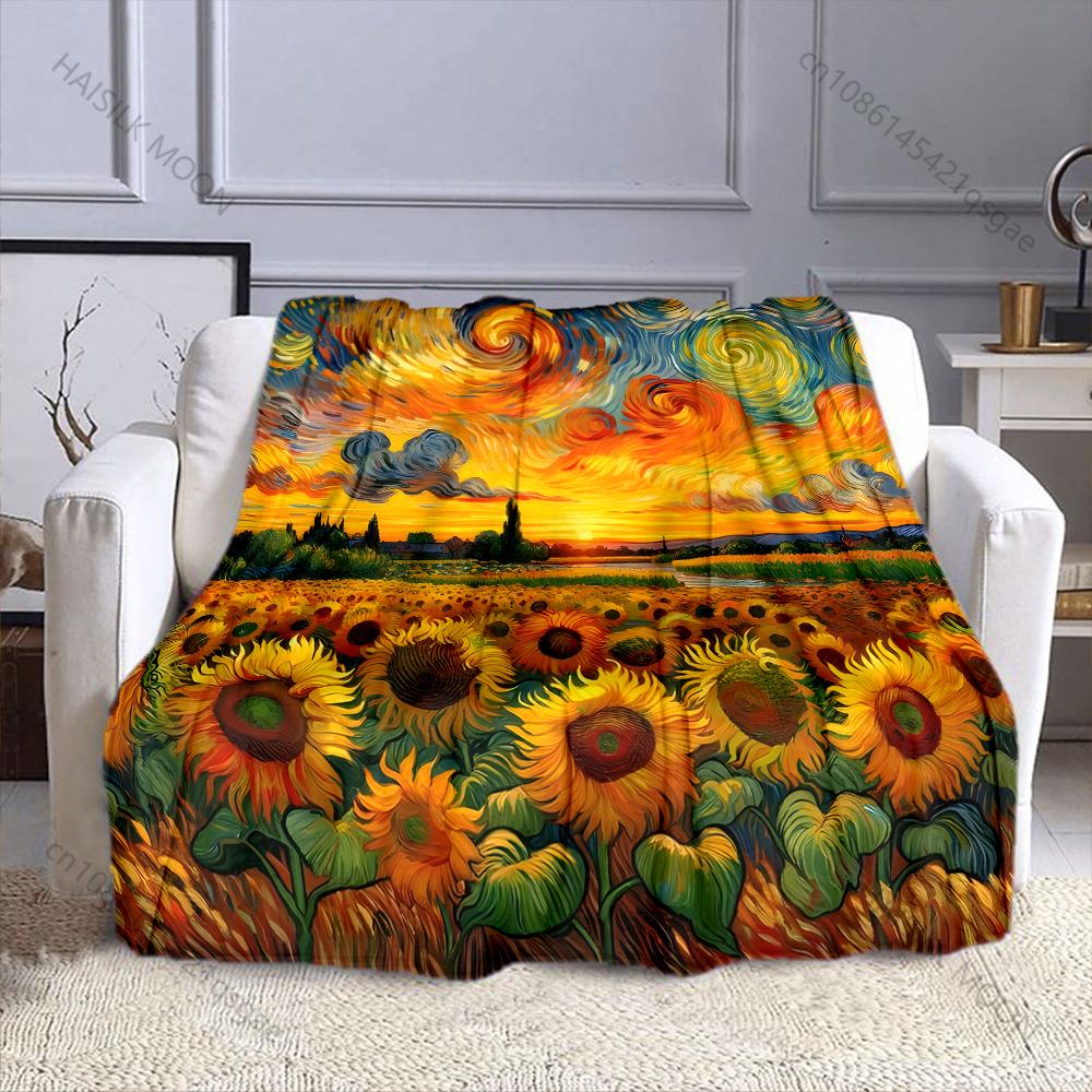 Mehrgrößen Van Gogh's Wirbelnde Sonnenblumen Muster Decke Flanell Material Weich Warm für Alle Jahreszeiten Zuhause Camping Picknicks Wohnmobil