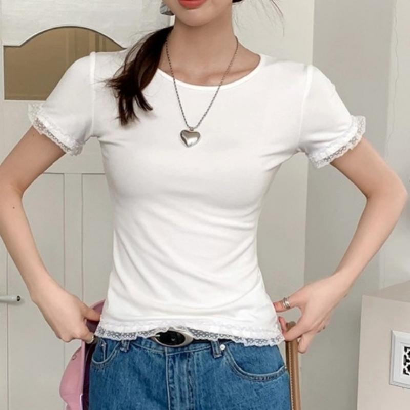 Shop   Women S Round Lace Neck Layered Slim Short Sleeve Tee wdmS wSh tS14523778
