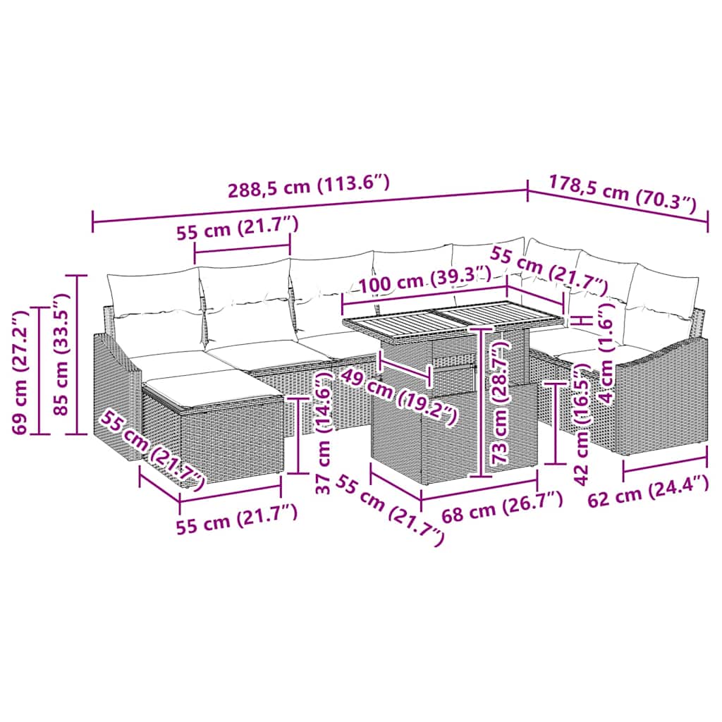 Garden Sofa Set with Storage 9 pcs Grey Poly Rattan