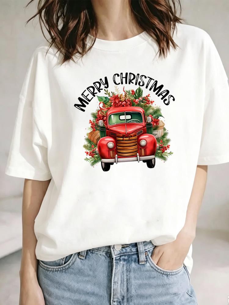 (Asian Size) Christmas Festival Tee Top New Year tree letter cute Clothing T Shirt Women Fashion Print Female Woman Short Sleeve Graphic T-shirts