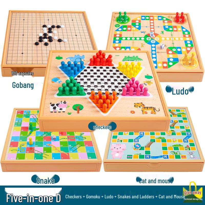 Multi-game Board Set: Ludo, Five-in-a-Row, Chinese Chess, Checkers, Animal Adventure, Kids' Chess