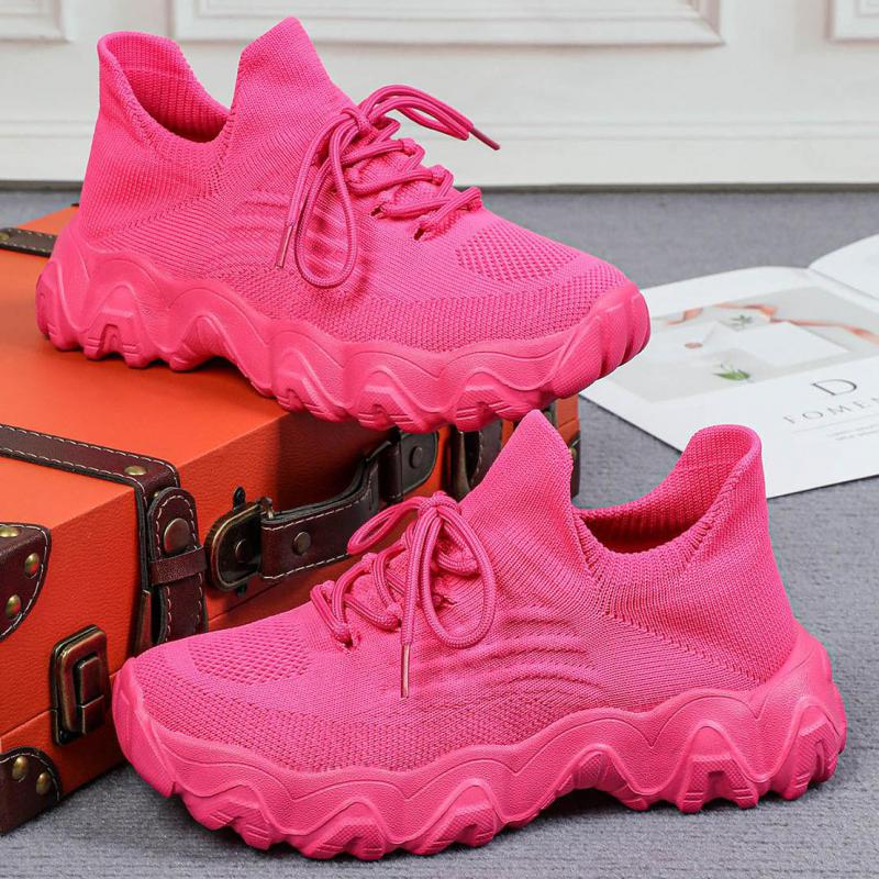 Fashion Spring Pink Casual Shoes Woman Breathable Knitted Sneakers for Women Shoes Thick Sole Ladies Shoes Platform Sock Sneakers