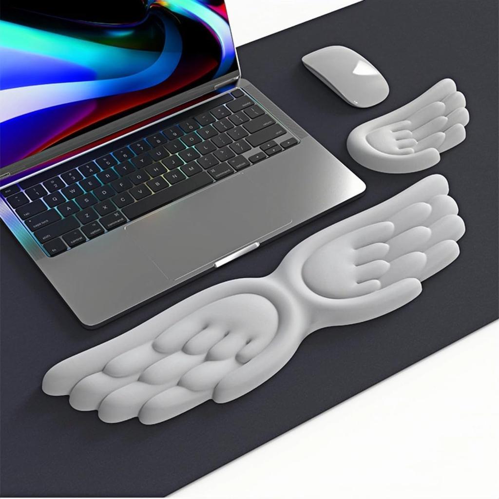 Angel Wing Wrist Rest Ergonomic Memory Foam Wrist Rest for Computer Keyboard Mouse Set, Cute Gaming Keyboard Cushion Hand Support PU Leather Surface
