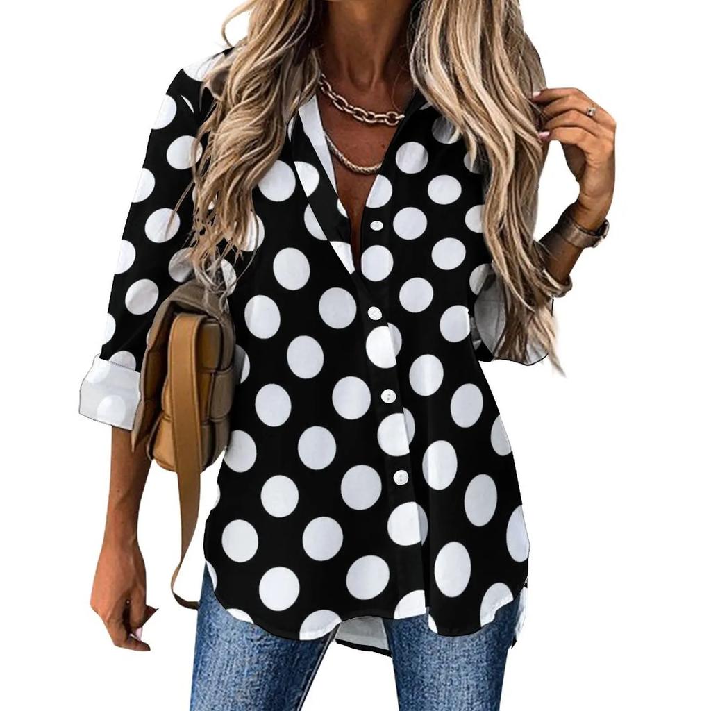 Damen gepunktetes Hemd Mode Neu Frühling und Herbst Lässig Elegant Langarm Revers Oberteil Street Style Personalisiertes Hemd