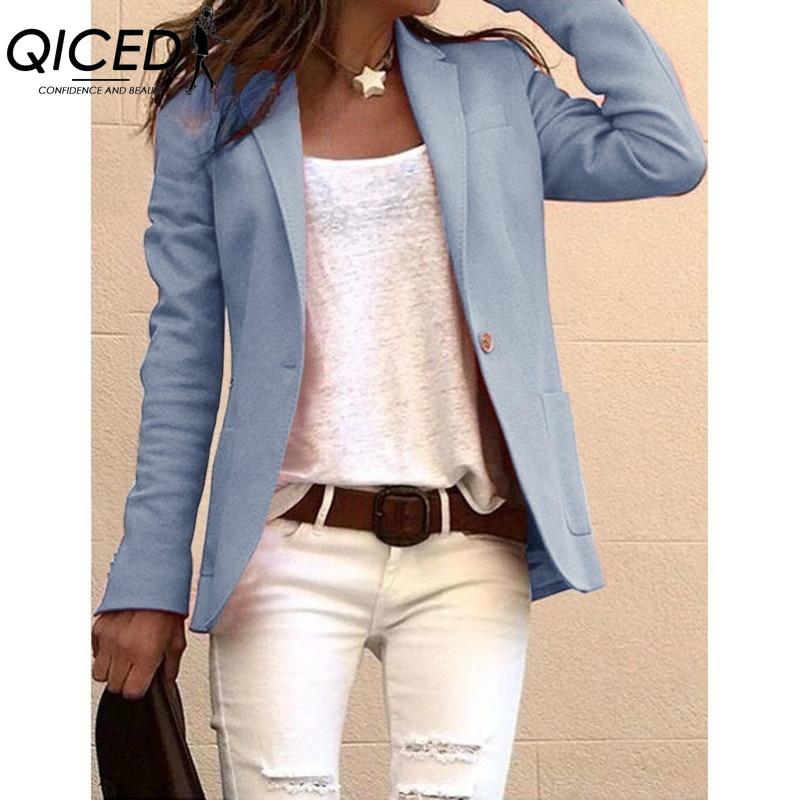 

QICED Женские винтажные повседневные куртки и пальто с принтом «клетка», с длинным рукавом, с воротником поло, на осень-зиму M светло-синий