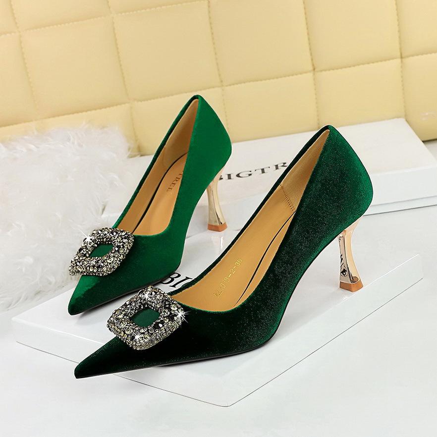 

European & American Style Light Luxury Women s High Heels with Wine Glass Heel, Rhinestone Buckle & Thickened Suede 40
