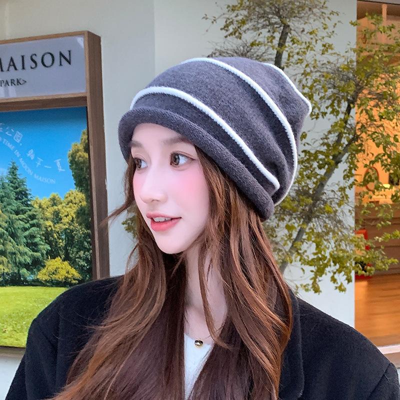 Curly Striped Woolen Hat for Women In Spring and Autumn Breathable and Versatile Pullover Knitted Hat Cold Proof and Warm, Ear-protecting Pile Hat
