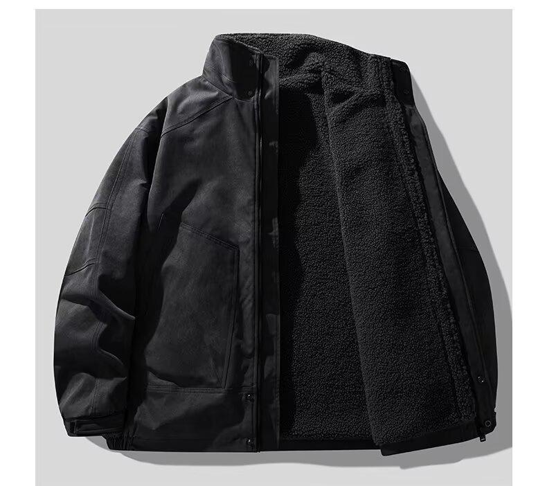 Men s Winter Patchwork Lambswool Stand Collar Jacket with PU Leather Detailing M