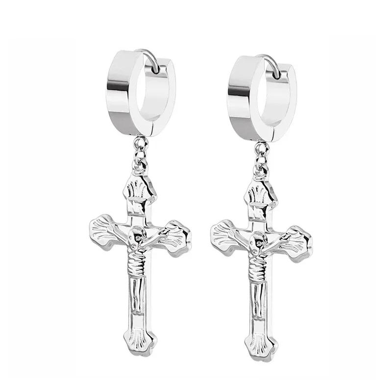

Punk Black Cross Stainless Steel Hoop Earrings For Women Men Fashion Vintage Chain Pendants Hip Hop Jewelry Earrings Wholesale