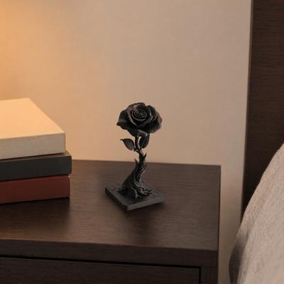Jijijing 3D Printed Black Rose Statue Ornament, Gothic Dark Style Figurine, Artistic Flame Base Flower Decor, Exquisite Decoration for Home Office