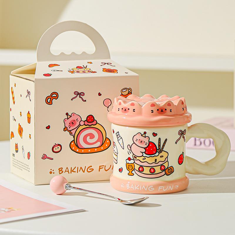 Hand drawn Birthday Cake Cute Cat Mug Office High Looking Girl Water Cup with Lid Home Couple Ceramic Cup