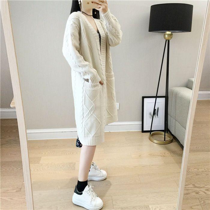 Loose V-neck Mid-length Knitted Cardigan for Women Diamond-shaped Twisted Sweater Coat Solid-color Casual Long-sleeved Cardigan