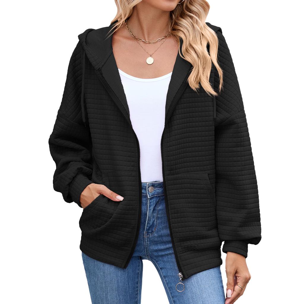 European and American-style Women's Solid Color Zip-up Long-sleeve Hooded Sweatshirt/jacket for Fall and Winter