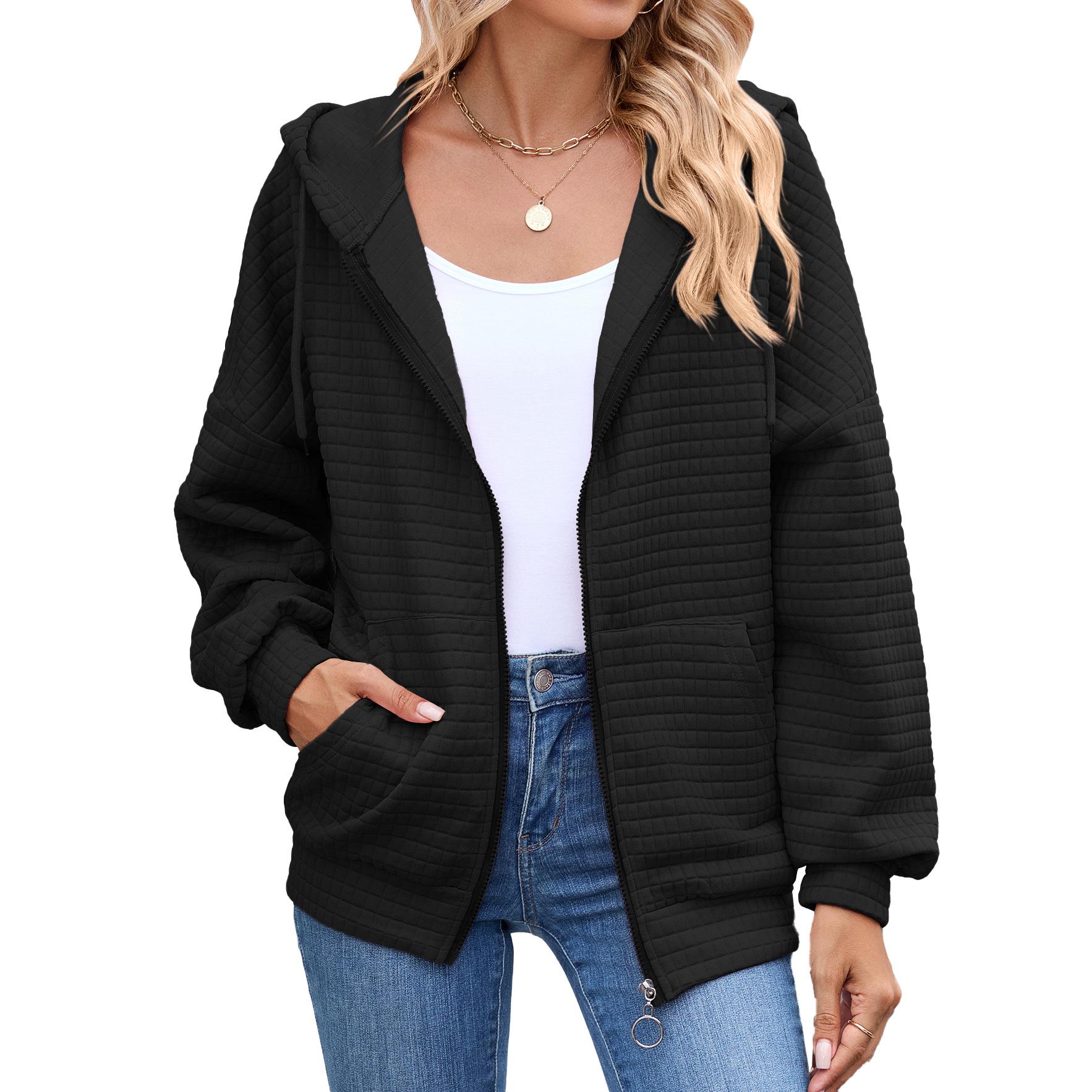 

Женская однотонная толстовка/куртка с капюшоном и длинными рукавами на молнии в европейском и американском стиле для осени и зимы XXL чёрный