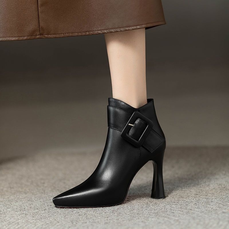 Women's Elegant High Heels Ankle Boots 2025 Spring Belt Buckle Pu Leather Short Boots Woman Plus Size 43 Thin Heeled Party Shoes