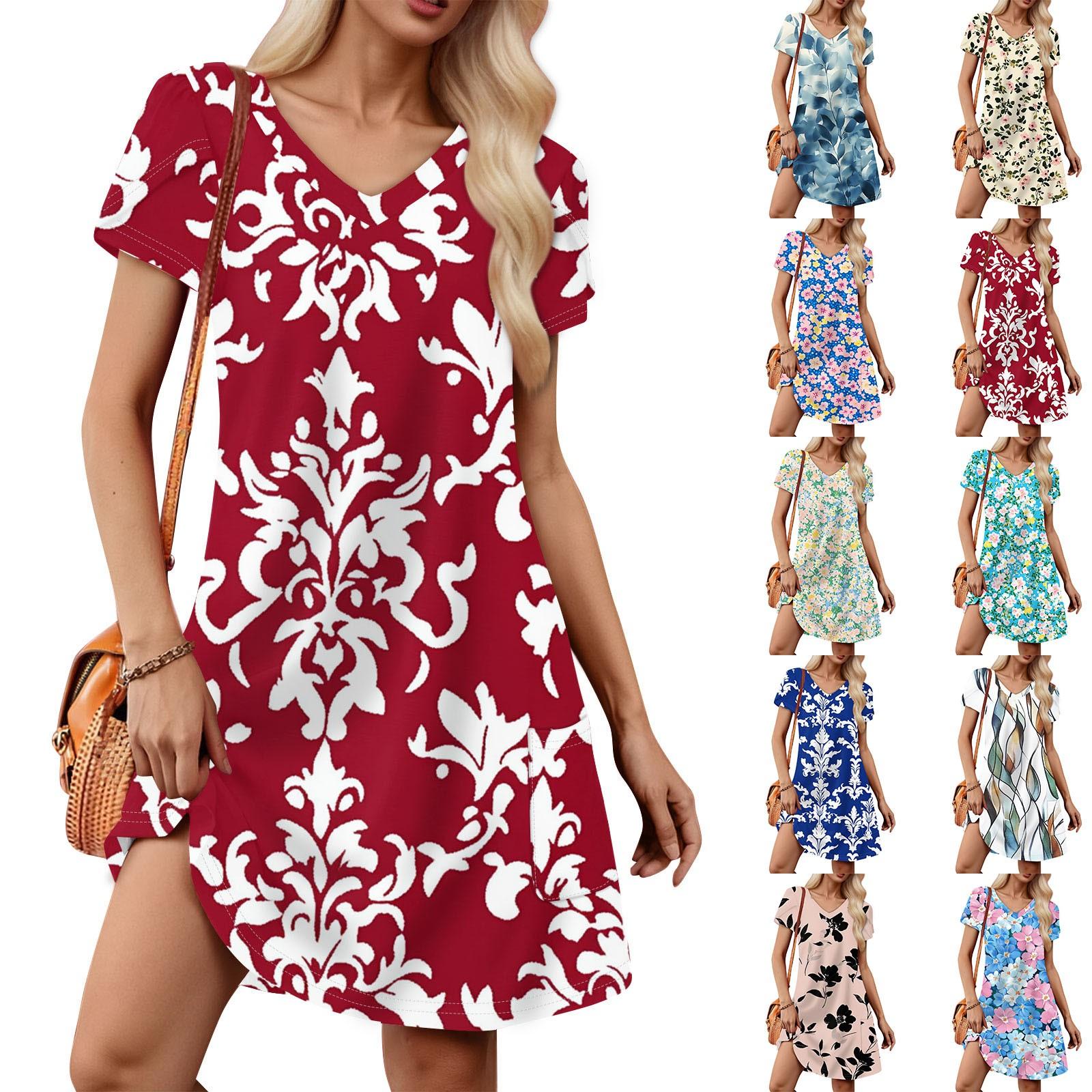 

Women s Petal Short Sleeve V Neck Loose Floral Print Swing Sundress With Pockets XL білий