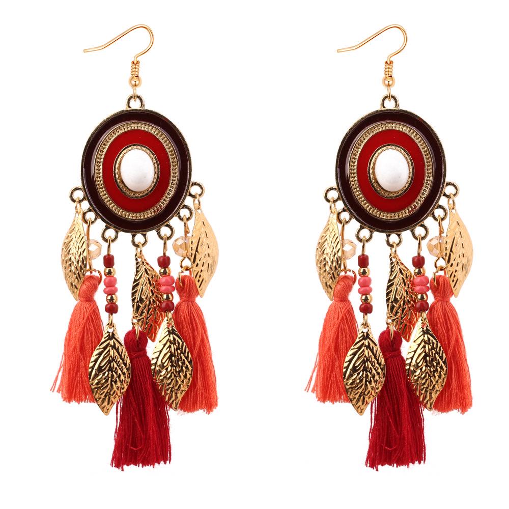 

Дисковая пряжа в виде листа, богемная деревянная женская винтажная круглая висячая длинная серьга-гвоздик с кисточкой, ювелирные изделия на свадьбу красный